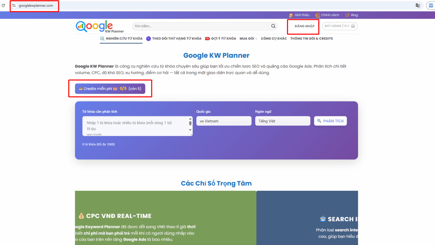 đăng nhập vào trang chủ Google KW Planner
